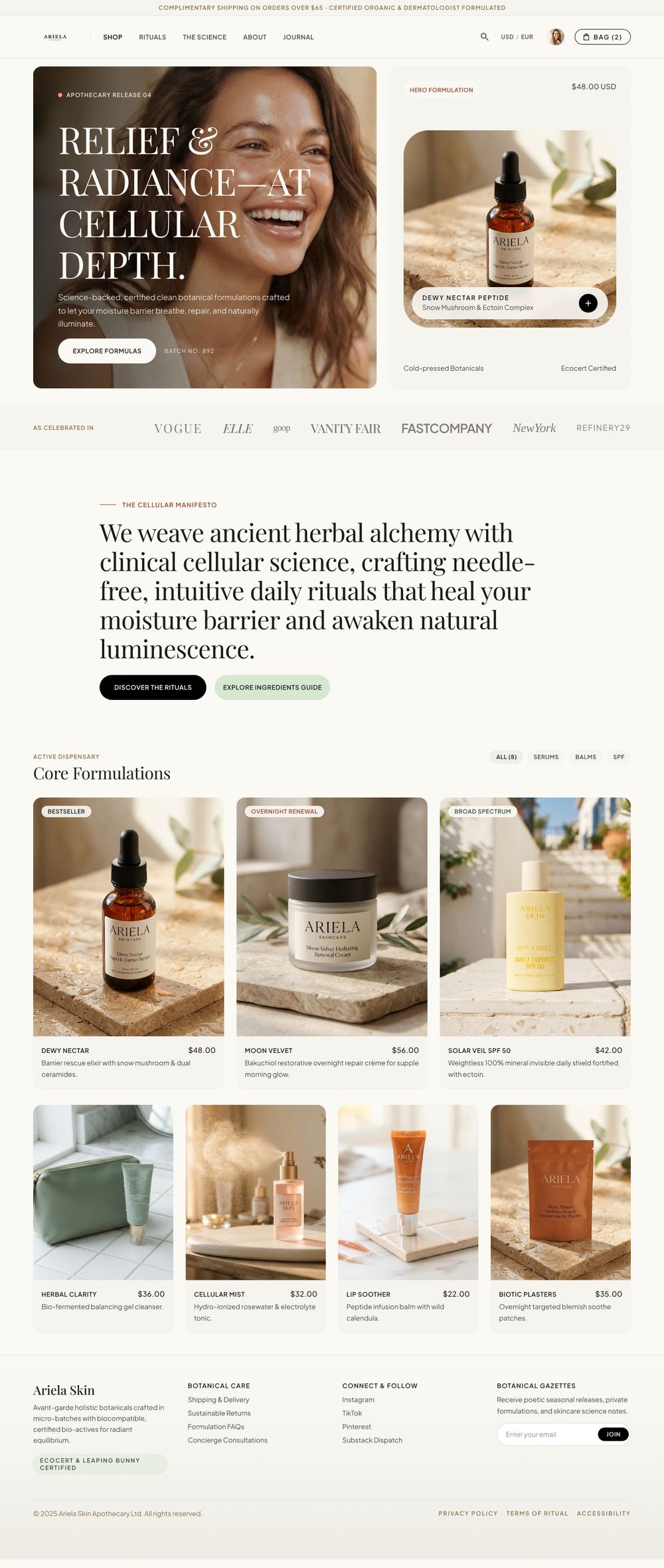 Ariela Skin website, full page